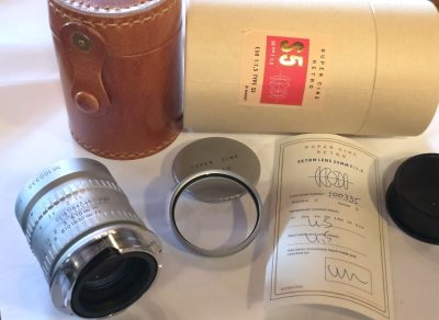 Super Cine Retro Ekton 50mm f1.5 Type S5, Leica M mount (No.100335), ALL CHROME VERSION.With Super Cine 44.5mm UV Filter, Series VI, front & rear caps, Numbered Certificate, leather case & Box. Made in the Design Style of the Angenieux lens it is based on. Just released. From a Small Limited Production