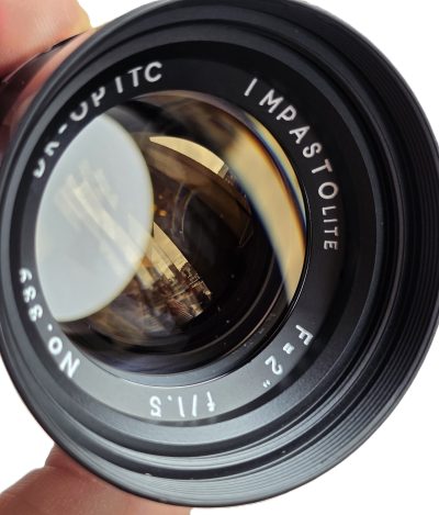 DK Optik 2 inch f1.5 Impastolite Leica M 6-bit mount Black & Chrome version with Amber coating and made with discontinued Vintage glass (No.339). Has 18 blade aperture. With Makers Caps & Box. Made to replicate the Rare Dallmeyer 50mm f1.5 Septac lens