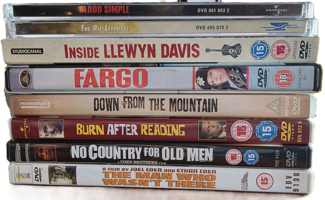 20260522-01 Set of Eight Coen Brothers DVDs. Blood Simple, The Big Lebowski, Fargo, Inside Llewyn Davis, Burn After Reading, Down From The Mountain, The Man Who Wasn't There & No Country For Old Men. Most have Extras. Region 2 (UK)