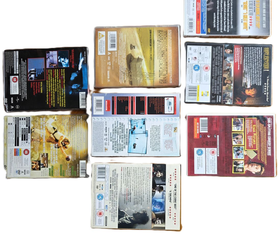 20260522-02 Set of Eight Coen Brothers DVDs. Blood Simple, The Big Lebowski, Fargo, Inside Llewyn Davis, Burn After Reading, Down From The Mountain, The Man Who Wasn't There & No Country For Old Men. Most have Extras. Region 2 (UK)