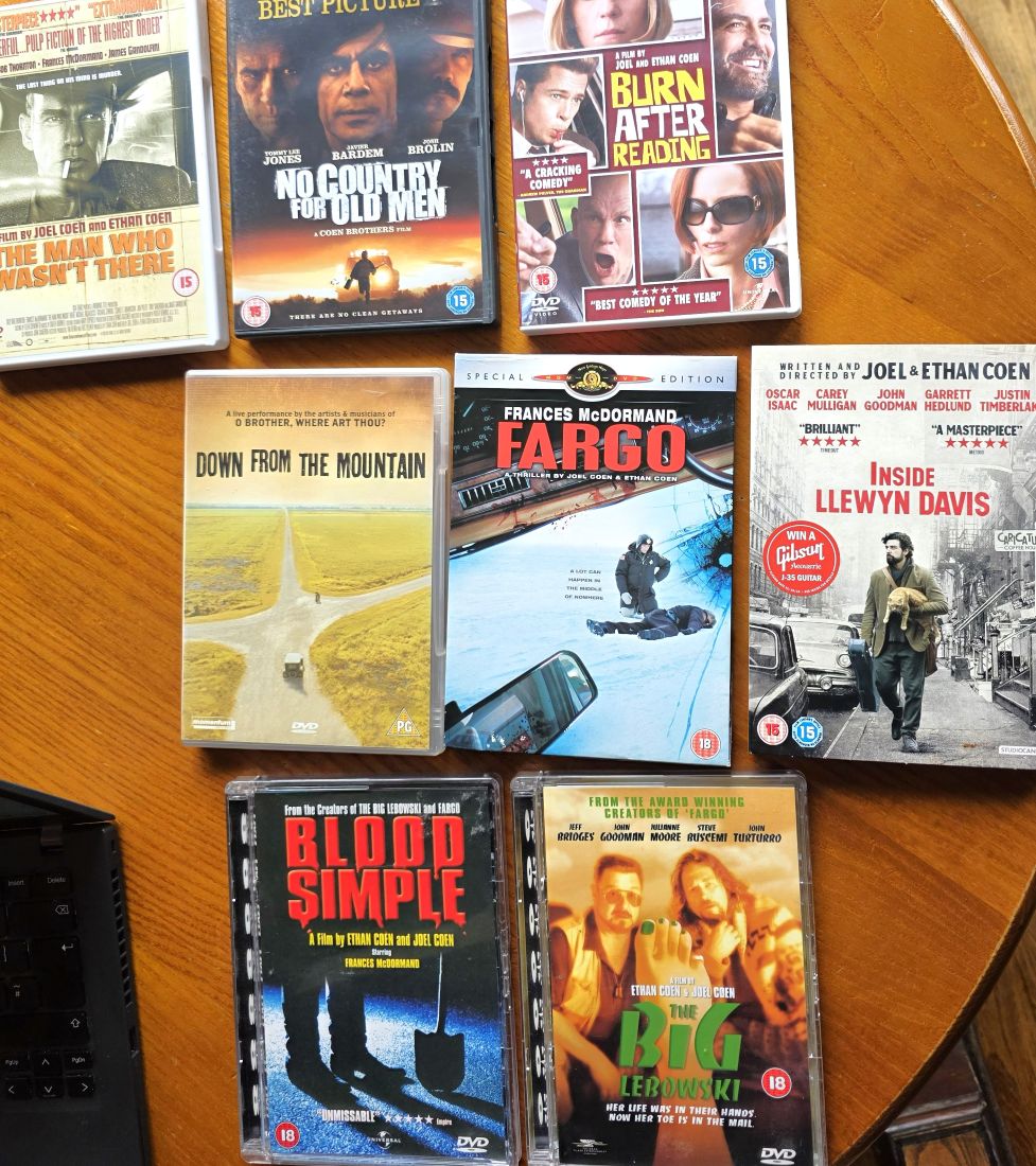 20260522-03 Set of Eight Coen Brothers DVDs. Blood Simple, The Big Lebowski, Fargo, Inside Llewyn Davis, Burn After Reading, Down From The Mountain, The Man Who Wasn't There & No Country For Old Men. Most have Extras. Region 2 (UK)