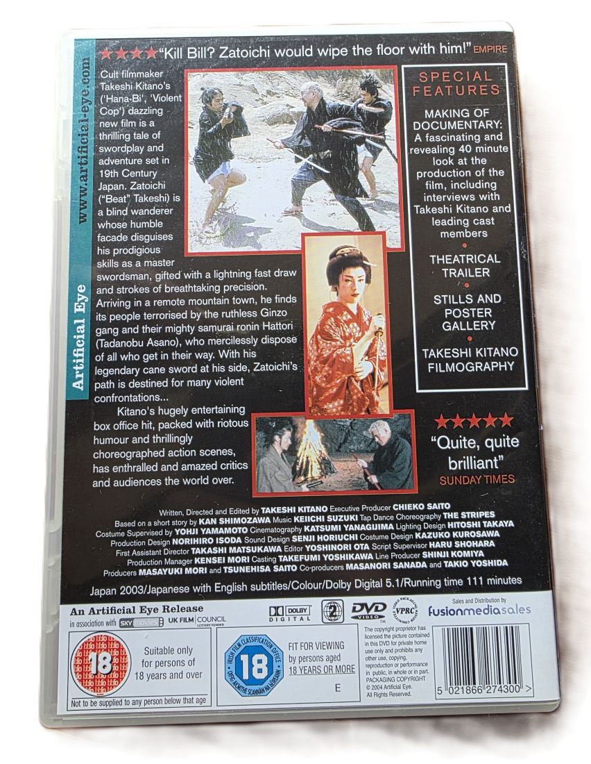 20260522-18 Zatoichi by Takeshi Kitano DVD, with Special Features. Tartain DVD c2003. Region 2 (UK)