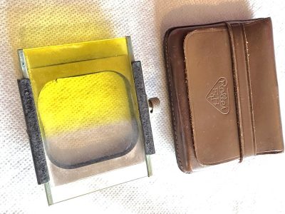 Vintage 45mm Square Crackle Metal Filter holder with fixing screw + Graduated Yellow Glass filter + Rollei leather case