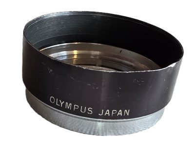 Olympus S-45 Push-On metal lens hood with fixing screw. Black with chrome base. For the Pen F 25/4, 38/1.8 & 40/1.4 Half-Frame lenses