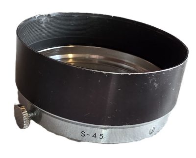 Olympus S-45 Push-On metal lens hood with fixing screw. Black with chrome base. For the Pen F 25/4, 38/1.8 & 40/1.4 Half-Frame lenses
