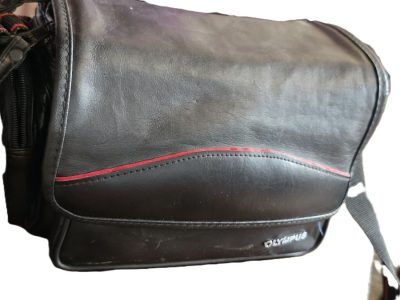 Olympus Black leatherette Camera Bag with one front & one side pocket. With Shoulder strap & inserts. 300 x 160 x 180mm