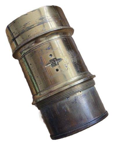 Unbranded 8-12 inch (Estimated) brass lens with brass outer sleeve, originally for rack & pinion focusing (handle is now missing)