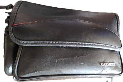 Olympus Black leatherette Camera Bag with one front & one side pocket. With Shoulder strap & inserts. 300 x 160 x 180mm