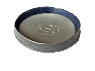Carl Zeiss 42mm push-on white metal front lens cap, with blue felt inside edge inlay