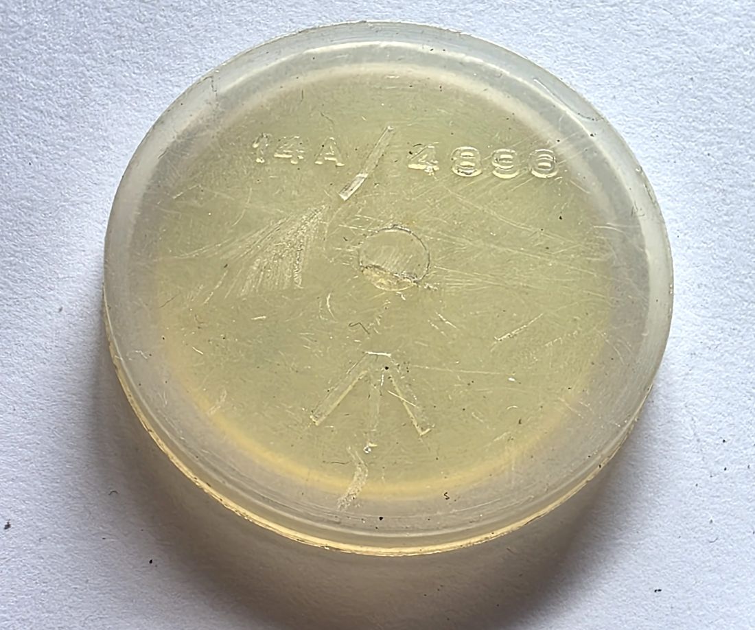 20260605-72 British Yellow filter glass only (37mm diameter), in British military marked plastic keeper case ("14A/4896")