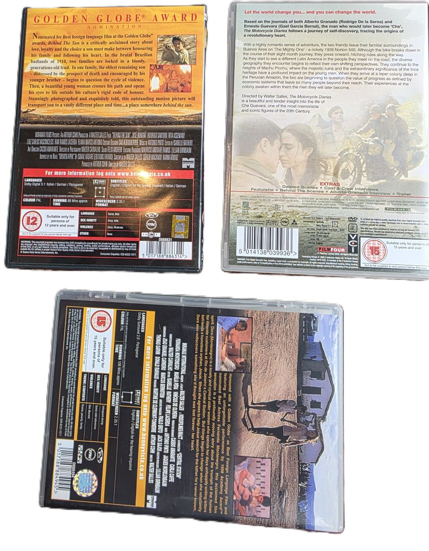 20260605-91 Set of Three DVDs from Walter Salles. The Motocycle Diaries, Central Station & Behind the Sun. One has Extras. PAL/Region 2 (UK)
