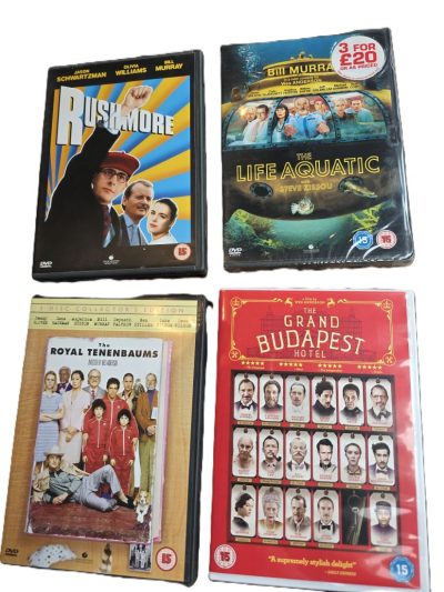 Set of Four DVDs from Wes Anderson. Rushmore, Grand Budapest Hotel, Royal Tenebaums & The Life Aquatic. Three with Special Features. One sealed. PAL Region 2 (UK)