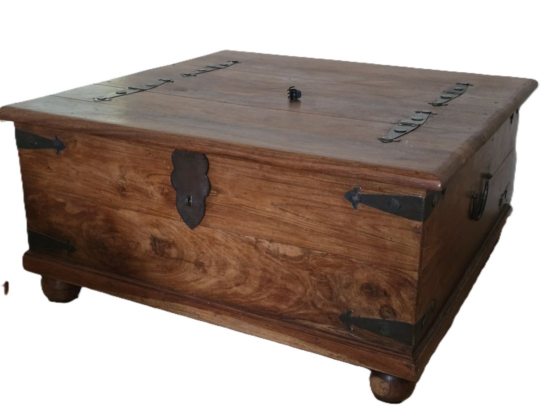 20260612-82 John Lewis Heritage line Dark Natural Solid Wood Coffee table/Storage cabinet with two metal hinged doors. Just over 1 metre square. c2000