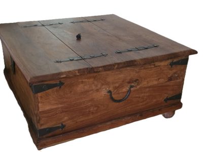 John Lewis Heritage line Dark Natural Solid Wood Coffee table/Storage cabinet with two metal hinged doors. Just over 1 metre square. c2000
