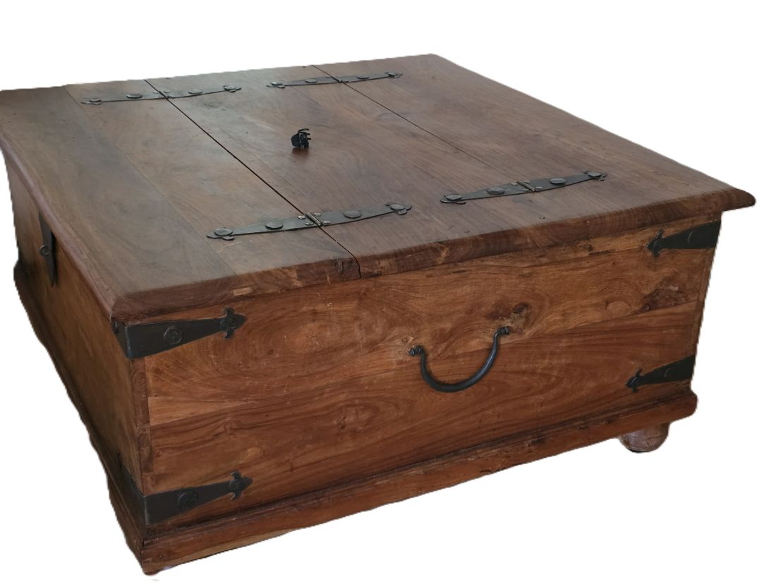 20260612-83 John Lewis Heritage line Dark Natural Solid Wood Coffee table/Storage cabinet with two metal hinged doors. Just over 1 metre square. c2000