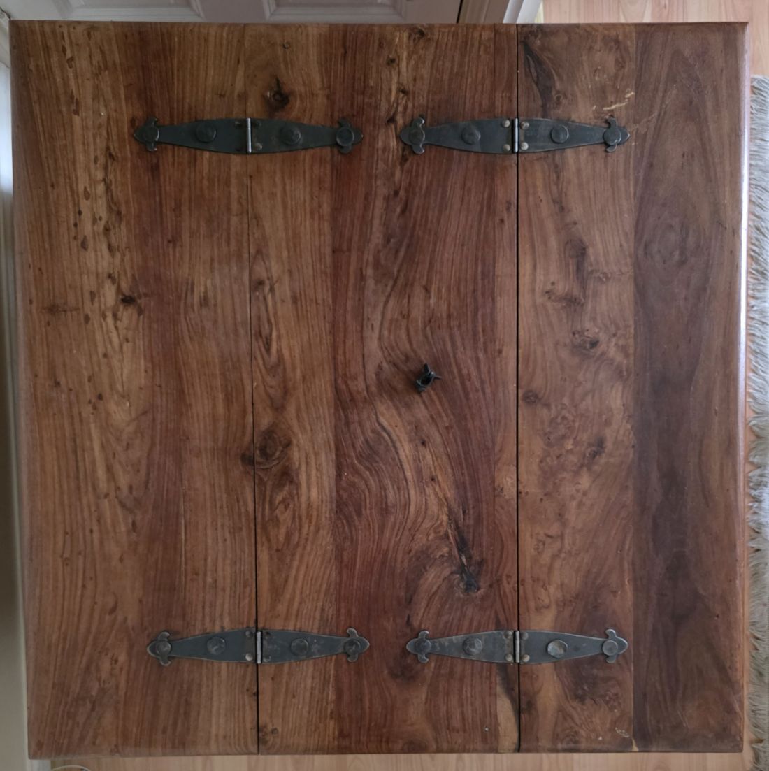 20260612-85 John Lewis Heritage line Dark Natural Solid Wood Coffee table/Storage cabinet with two metal hinged doors. Just over 1 metre square. c2000