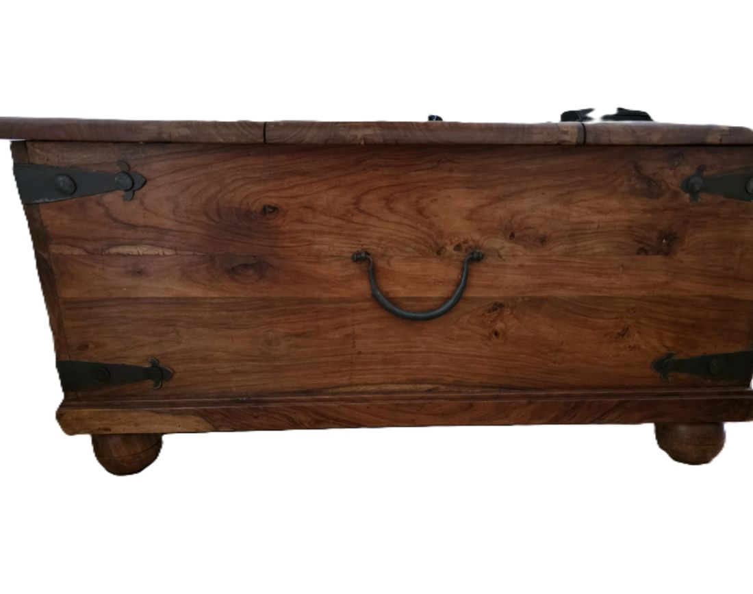 20260612-86 John Lewis Heritage line Dark Natural Solid Wood Coffee table/Storage cabinet with two metal hinged doors. Just over 1 metre square. c2000