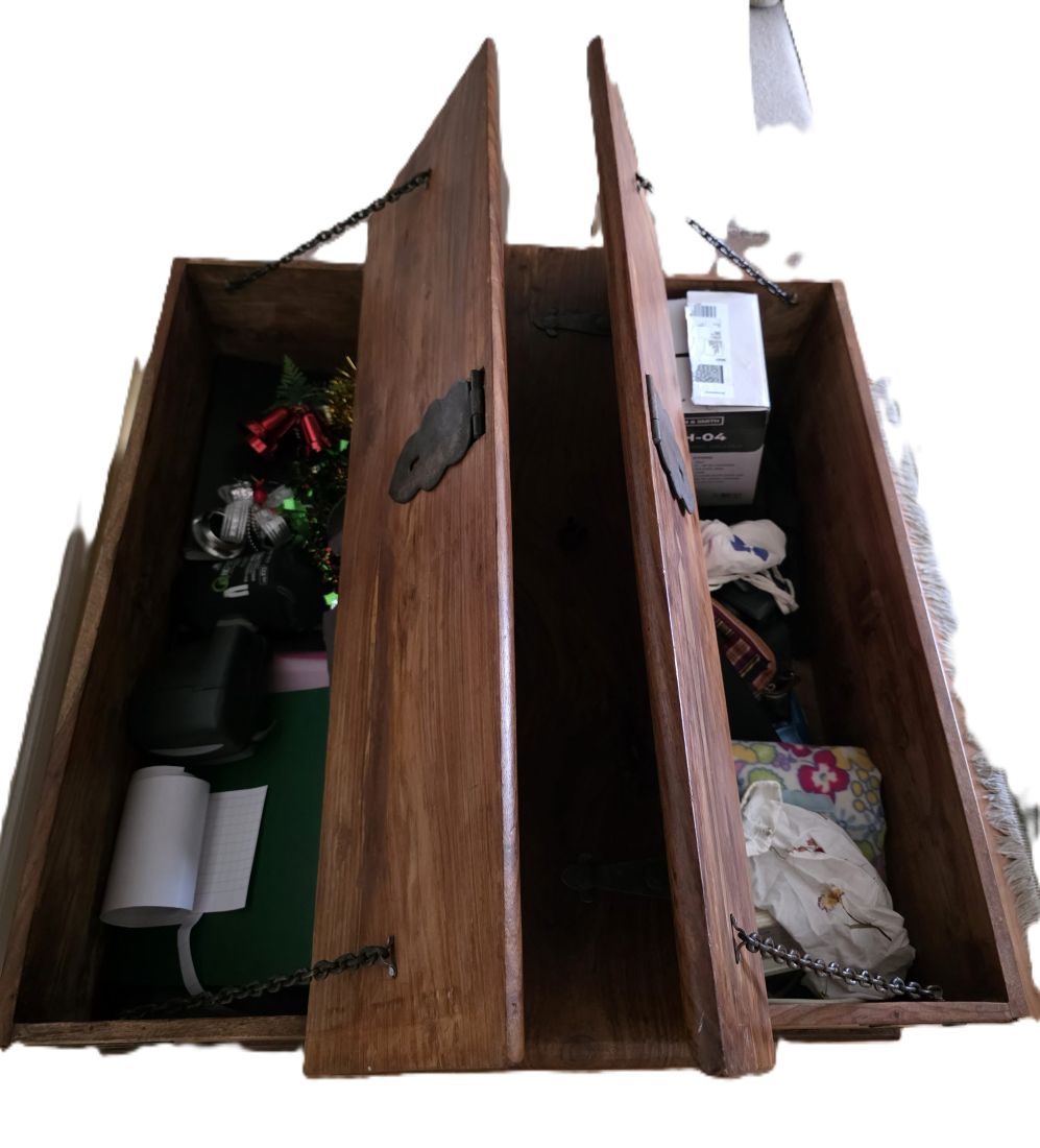 20260612-87 John Lewis Heritage line Dark Natural Solid Wood Coffee table/Storage cabinet with two metal hinged doors. Just over 1 metre square. c2000