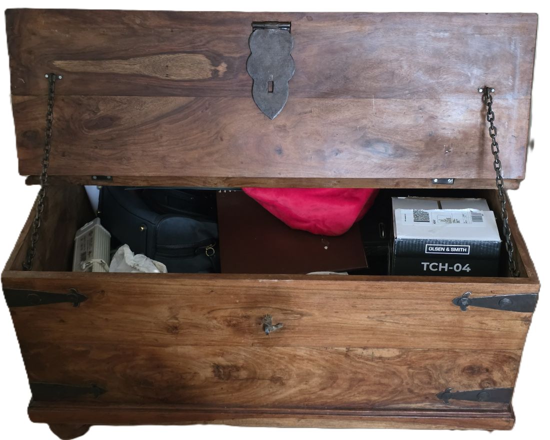 20260612-89 John Lewis Heritage line Dark Natural Solid Wood Coffee table/Storage cabinet with two metal hinged doors. Just over 1 metre square. c2000