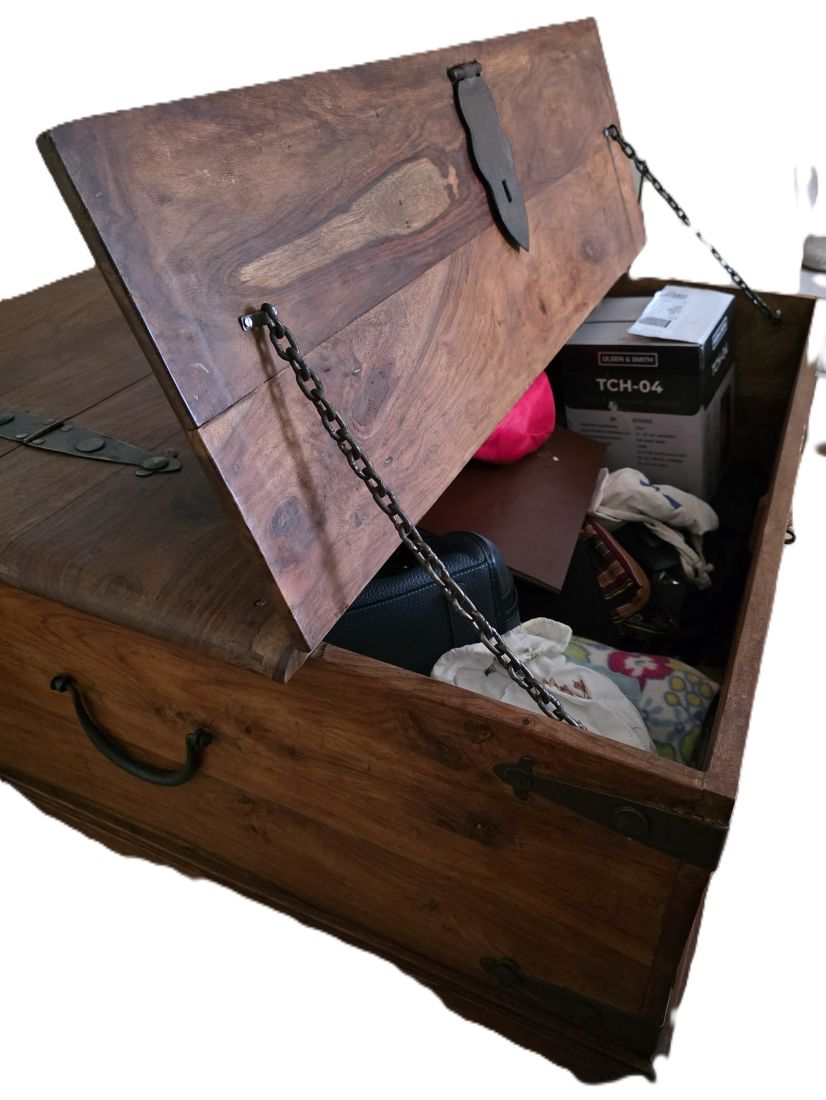 20260612-90 John Lewis Heritage line Dark Natural Solid Wood Coffee table/Storage cabinet with two metal hinged doors. Just over 1 metre square. c2000