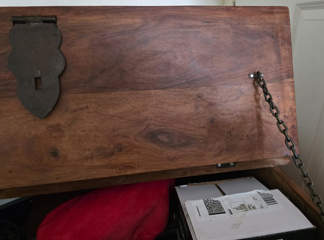 20260612-91 John Lewis Heritage line Dark Natural Solid Wood Coffee table/Storage cabinet with two metal hinged doors. Just over 1 metre square. c2000