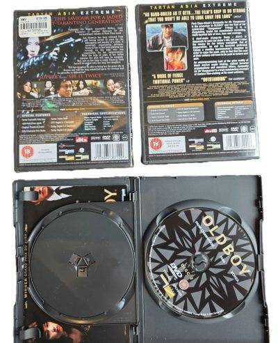 Set of Three DVDs from Park Chan-Wook. Oldboy, Sympathy for Mr Vengeance + Lady Vengeance. (vengeance Trilogy) All with Special Features. One Sealed. PAL/Region 2 (UK)