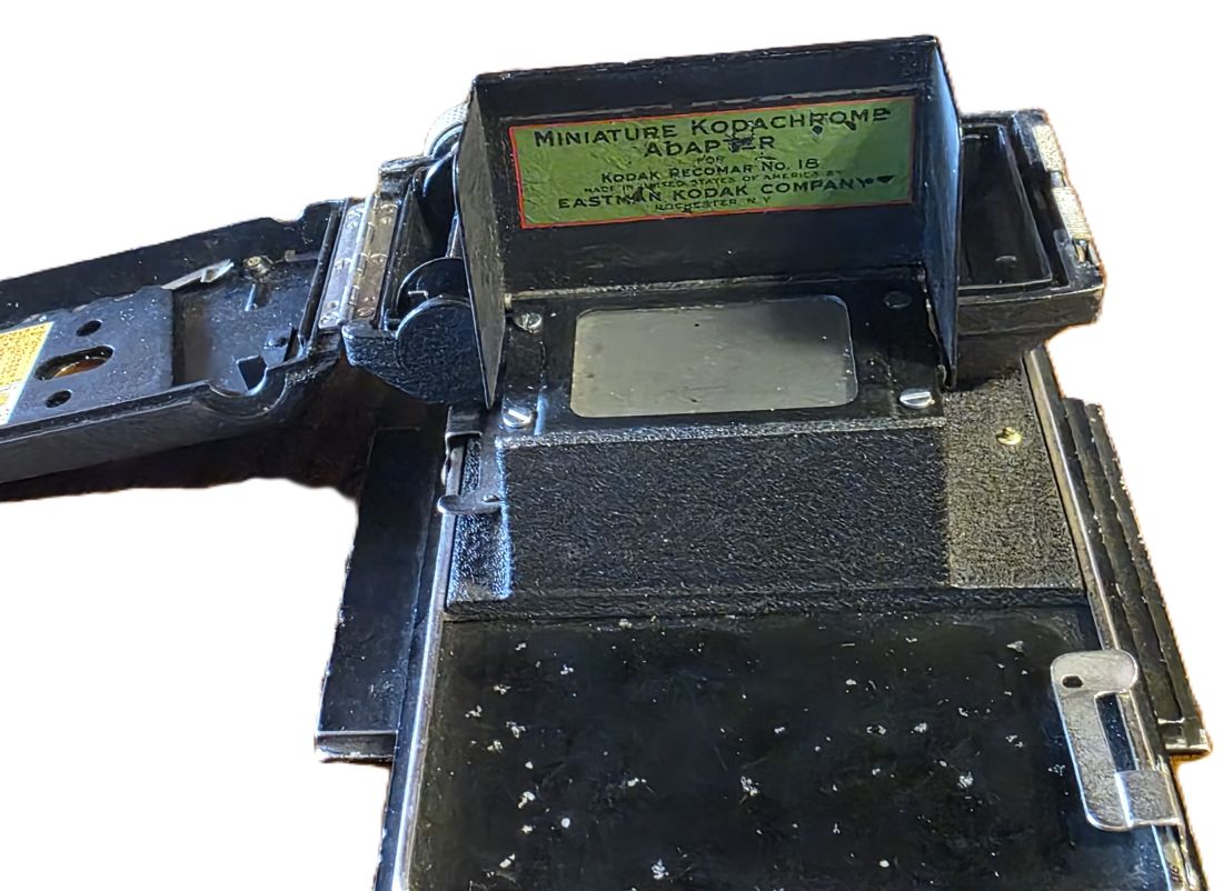 20260717-41 Kodak AG Dr Nagel 9x12cm folding plate camera with Kodak 105mm f4.5 Anastigmat lens in Compur shutter. Fitting with a sliding 35mm Film Holder with Miniature Kodachrome adapter, RARE BACK